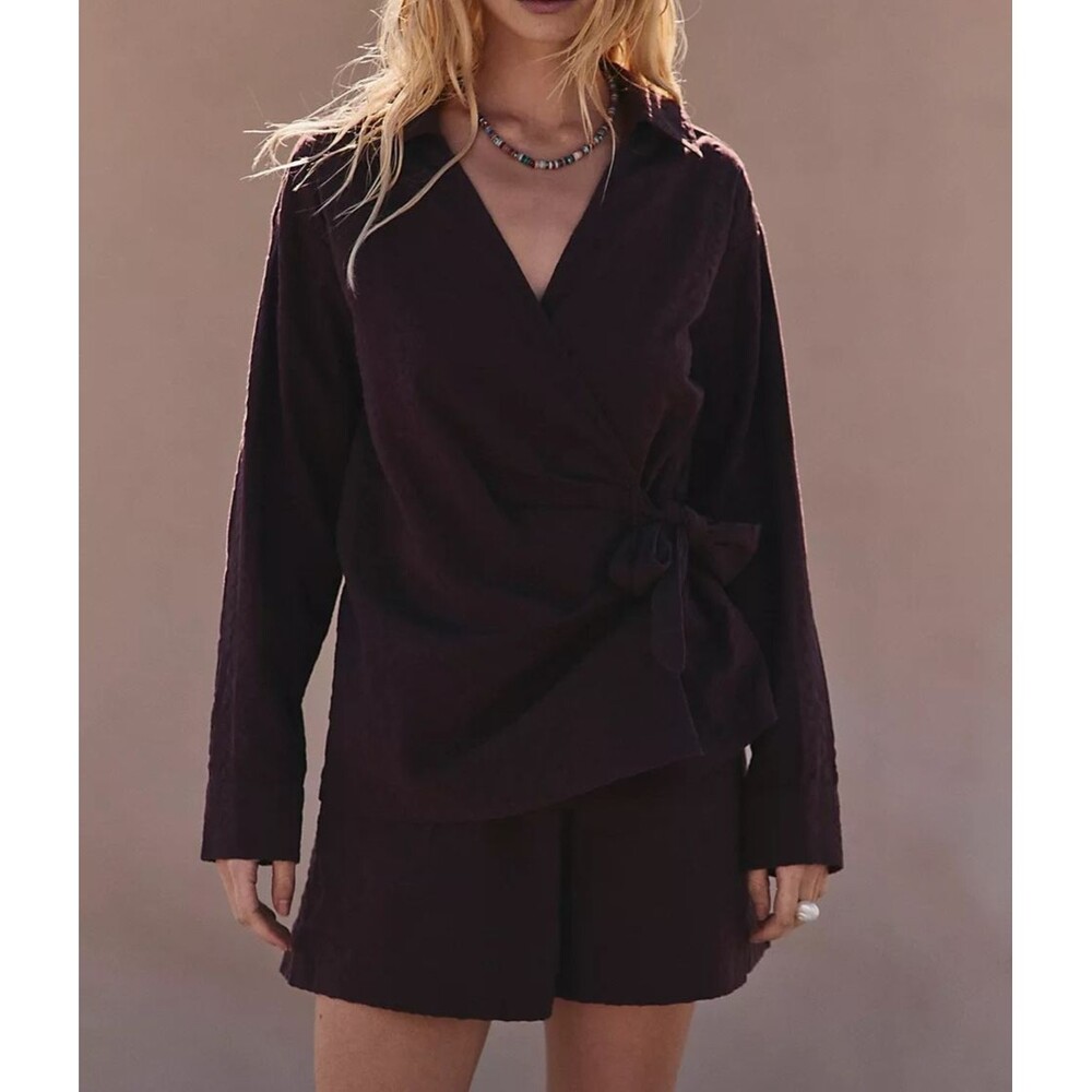 Free People Free-est Indie Shirt Tunic Top Long-Sleeves Wrap Cotton L 286831